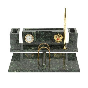 Письменный набор из камня "Люкс" с гербом РФ, часами и ручкой №41 (камень змеевик), 30 х 23 х 9 см