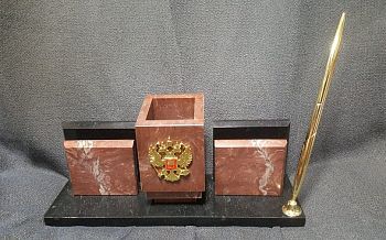 Настольный письменный набор с ручкой "Герб России" из змеевика, лемезита №45 (26 х 8 х 10 см)