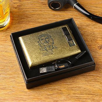 Портсигар с электронной зажигалкой "Чегевара", от USB, золотой, 14х13.5 см