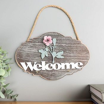 Крючки декоративные дерево "Розовая роза - Welcome" 15х22,5х2,5 см