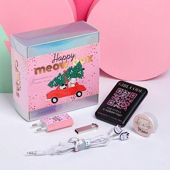 Зарядное устройство, попсокет, наушники, флешка и штекер «Happy meow box», набор